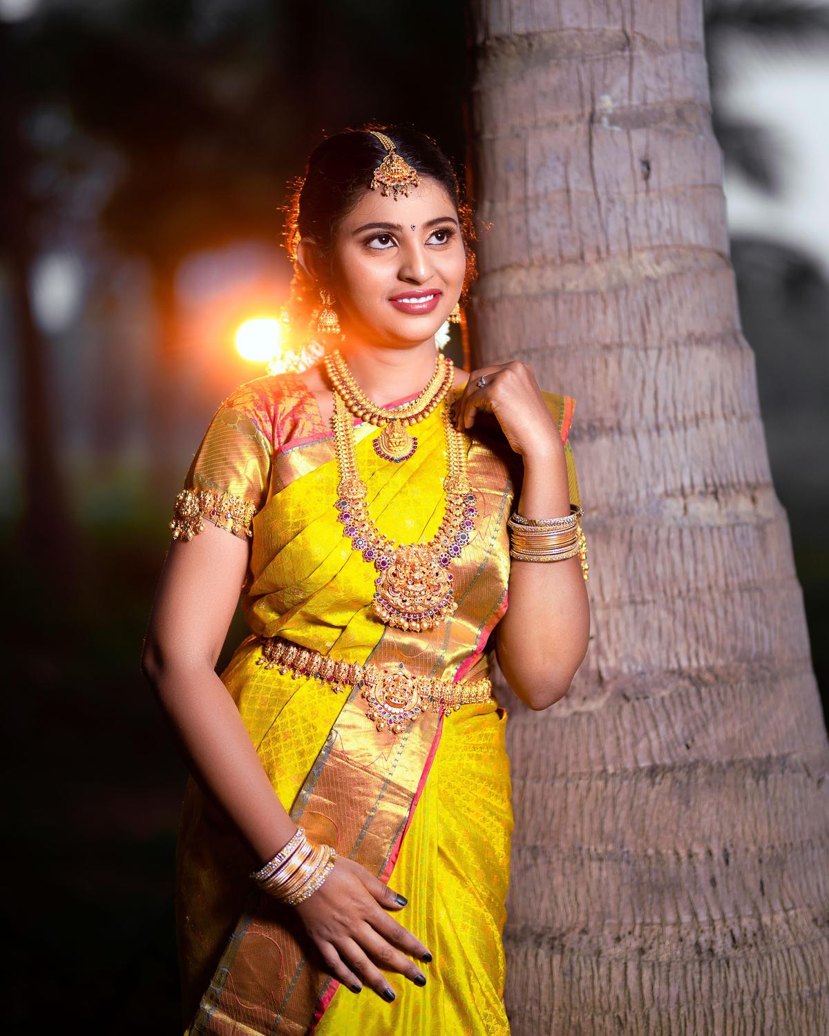 Image of Sari, Temple, Smile, Happy, Neck, People in nature etc.