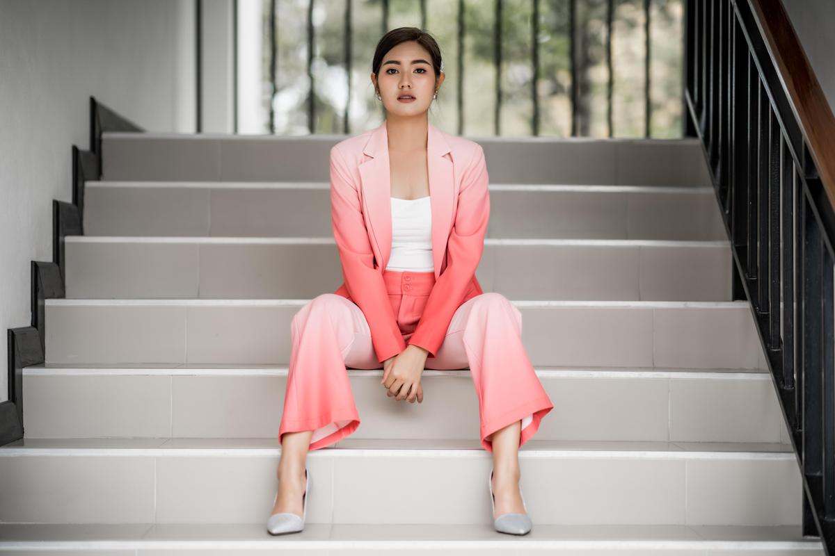 Image of Photograph, Pink, Fashion, Sitting, Dress, Red etc.