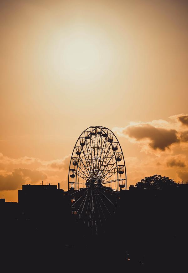 Image of Sky, Sunset, Tourist attraction, Ferris wheel, Wheel etc.